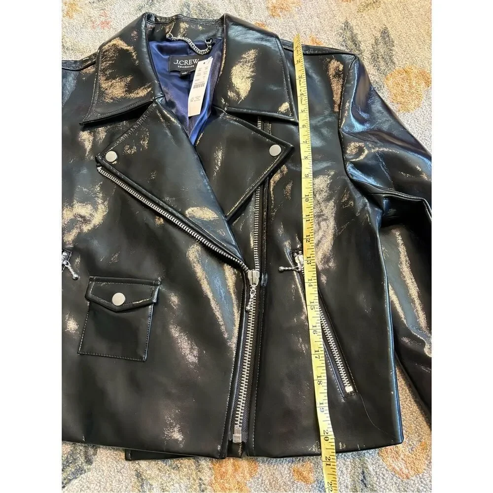 J.Crew Collection Black Cropped Moto Jacket In Faux Patent Leather Sz Large NWT